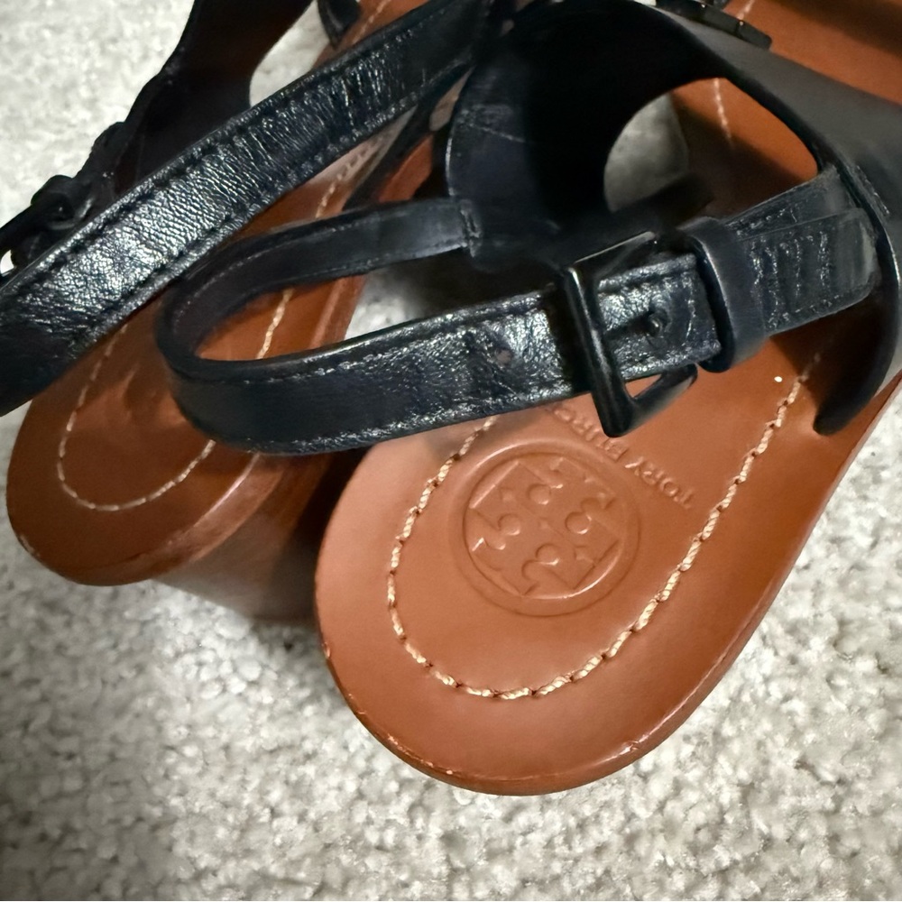 Tory Burch Black Lowell Napa Leather Block Heels Black Sz 7 Sandals. Excellent - Picture 12 of 14